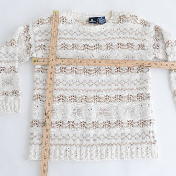 Vintage Liz Sport Cream w Tan Snowflakes Knit Beaded Crewneck Sweater M - Picture 4 of 12